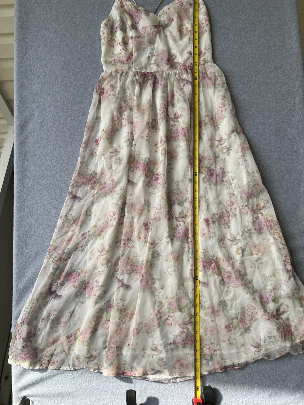 STORIA Floral Bird Maxi Dress L Ivory Pink Corset Lace Up Cottagecore Romantic